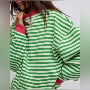 Free People Classic Striped Oversized Crewneck Pink Clover NEW